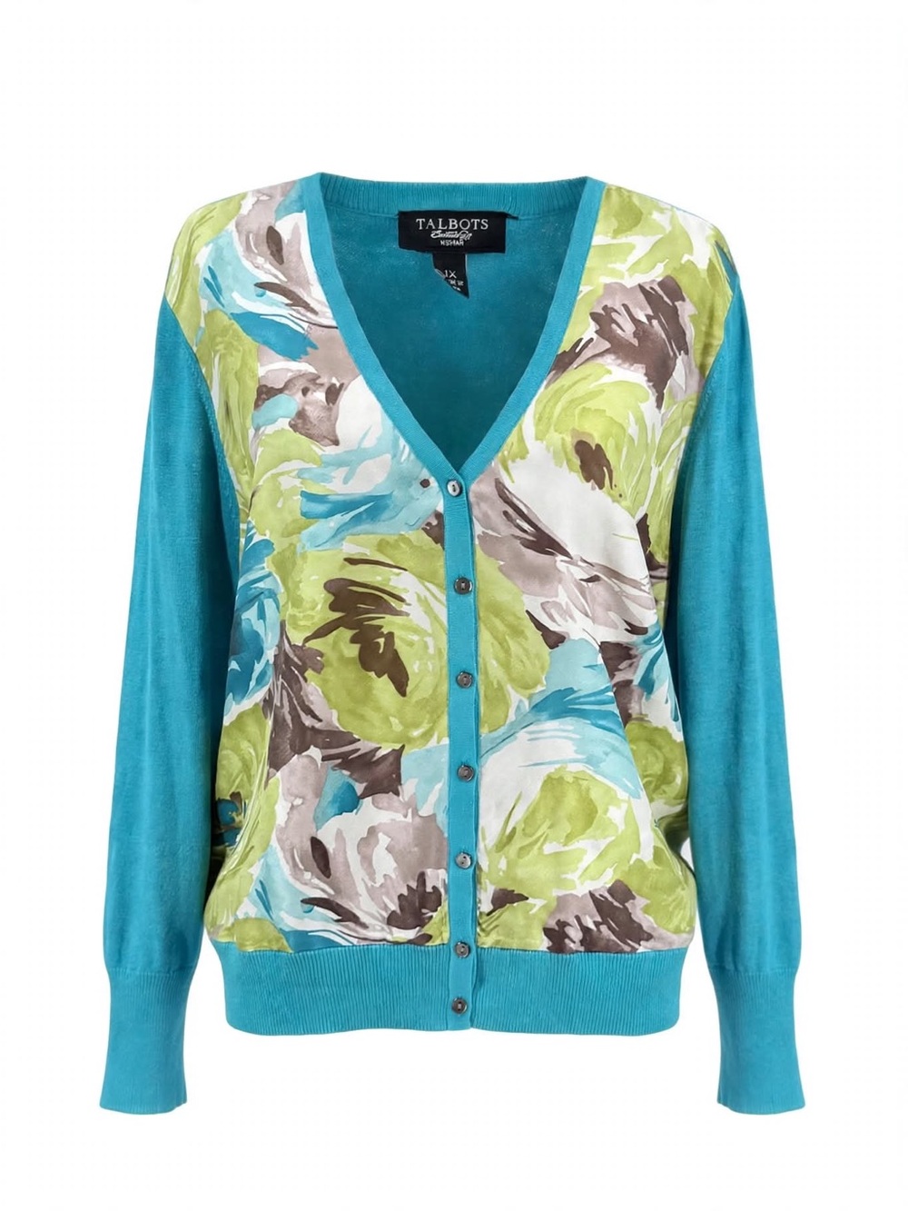 Talbots Woman 1X Cardigan Silk Floral Front Panel Teal Watercolor V-Neck Button